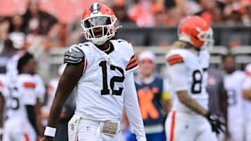 Cleveland, Ohio, USA; Cleveland Browns quarterback Shedeur Sanders (12) reacts during the second half against the Los Angeles Rams at Huntington Bank Field. 