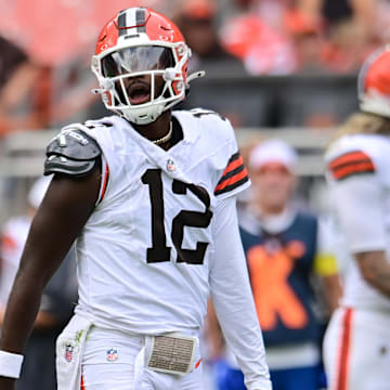 Aug 23, 2025; Cleveland, Ohio, USA; Cleveland Browns quarterback Shedeur Sanders (12) reacts during the second half against the Los Angeles Rams at Huntington Bank Field. Mandatory Credit: Ken Blaze-Imagn Images