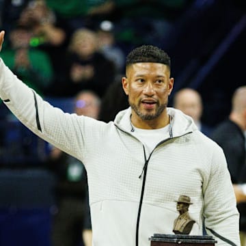 Notre Dame football head coach Marcus Freeman is recognized during a NCAA women's basketball game between No. 3 Notre Dame and No. 25 Louisville for receiving the 2024 Paul ÒBearÓ Bryant Coach of the Year Award at Purcell Pavilion on Sunday, March 2, 2025, in South Bend.