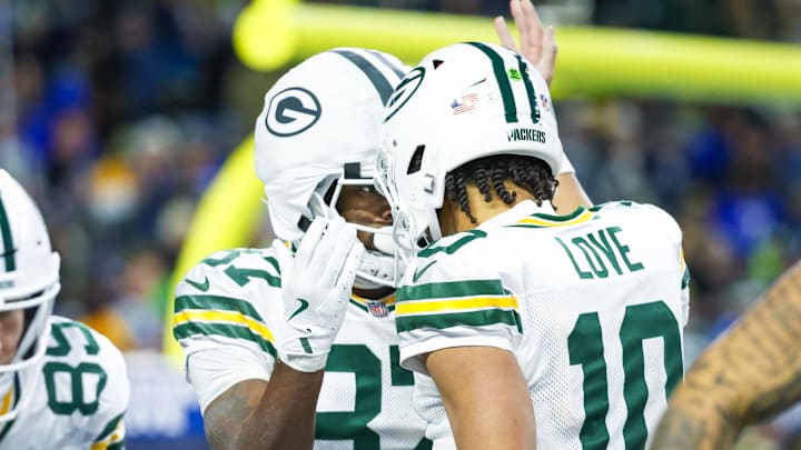 Green Bay Packers wide receiver Romeo Doubs (87) celebrates after catching a touchdown pass from Jordan Love at Seattle. Green Bay Packers wide receiver Romeo Doubs (87) celebrates after catching a touchdown pass from Jordan Love at Seattle.