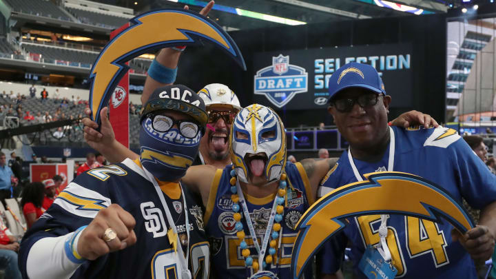 Apr 26, 2018; Arlington, TX, USA; Los Angeles Chargers fans poses for a photo poses for a photo