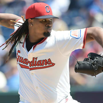 Apr 23, 2025; Cleveland, Ohio, USA; Cleveland Guardians starting pitcher Luis Ortiz (45) throws a pitch during the first inning against the New York Yankees at Progressive Field. Mandatory Credit: Ken Blaze-Imagn Images