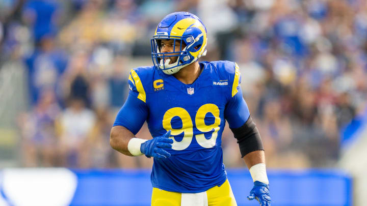 October 15, 2023; Inglewood, California, USA; Los Angeles Rams defensive tackle Aaron Donald (99) during the third quarter against the Arizona Cardinals at SoFi Stadium. Mandatory Credit: Kyle Terada-USA TODAY Sports