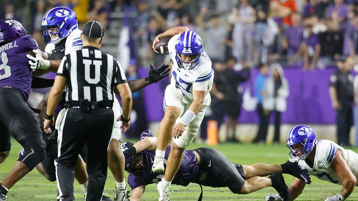 Oct 3, 2026; Fort Worth, Texas, USA;  BYU Cougars quarterback Bear Bachmeier (47) carries the ball against the TCU Horned Frogs during the second half at Amon G. Carter Stadium.  Mandatory Credit: Chris Jones-Imagn Images