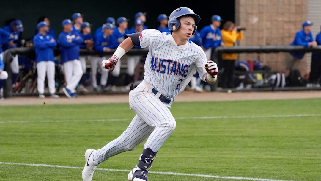 Fort Cobb-Broxton's Eli Willits runs to first after hitting a fly ball during the high school baseball game between Fort Cobb-Broxton and Stillwater at Edmond Santa Fe High School in Edmond, Okla., Friday, April, 18, 2025.