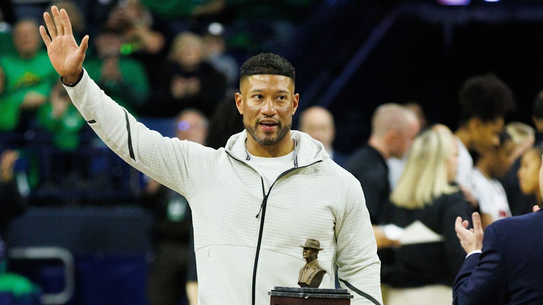 Notre Dame football head coach Marcus Freeman is recognized during a NCAA women's basketball game between No. 3 Notre Dame and No. 25 Louisville for receiving the 2024 Paul ÒBearÓ Bryant Coach of the Year Award at Purcell Pavilion on Sunday, March 2, 2025, in South Bend.
