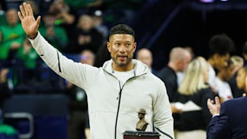 Notre Dame football head coach Marcus Freeman is recognized during a NCAA women's basketball game between No. 3 Notre Dame and No. 25 Louisville for receiving the 2024 Paul ÒBearÓ Bryant Coach of the Year Award at Purcell Pavilion on Sunday, March 2, 2025, in South Bend.