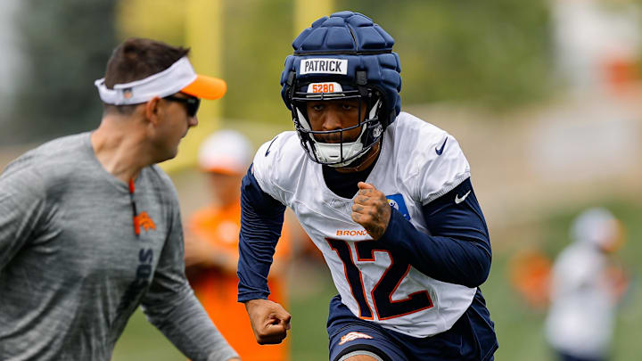 Jul 26, 2024; Englewood, CO, USA; Denver Broncos wide receiver Tim Patrick (12) during training camp at Broncos Park Powered by CommonSpirit. Mandatory Credit: Isaiah J. Downing-USA TODAY Sports