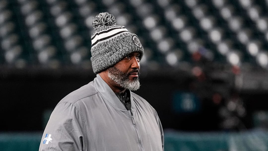 Detroit Lions general manager Brad Holmes watches warmups ahead of the Philadelphia Eagles game at Lincoln Financial Field in Philadelphia on Sunday, November 16, 2025.