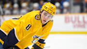 Nov 20, 2023; Nashville, Tennessee, USA;  Nashville Predators center Cody Glass (8) awaits the face off against the Colorado Avalanche during the third period at Bridgestone Arena. Mandatory Credit: Steve Roberts-USA TODAY Sports