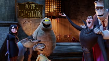 HOTEL TRANSYLVANIA - Dracula, who operates a high-end resort away from the human world, goes into overprotective mode when a boy discovers the resort and falls for the count's teenaged daughter. (Columbia Pictures Corporation)
MAVIS, WAYNE, WANDA, MURRAY, DRACULA, FRANK