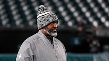 Detroit Lions general manager Brad Holmes watches warmups ahead of the Philadelphia Eagles game at Lincoln Financial Field in Philadelphia on Sunday, November 16, 2025.