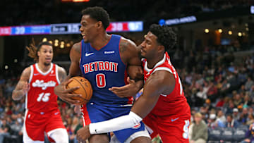 Nov 27, 2024; Memphis, Tennessee, USA; Detroit Pistons center Jalen Duren (0) spins to the basket as Memphis Grizzlies forward Jaren Jackson Jr. (13) defends during the first half at FedExForum. Mandatory Credit: Petre Thomas-Imagn Images