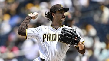 Aug 21, 2025; San Diego, California, USA; San Diego Padres starting pitcher Dylan Cease (84) delivers during the first inning against the San Francisco Giants at Petco Park. Mandatory Credit: Denis Poroy-Imagn Images