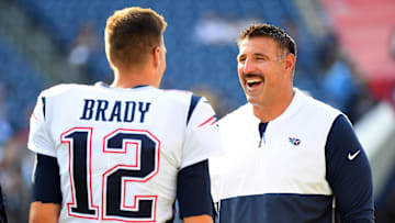 Aug 17, 2019; Nashville, TN, USA; New England Patriots quarterback Tom Brady (12) talks with Tennessee Titans head coach Mike Vrabel before the preseason game at Nissan Stadium. Mandatory Credit: Christopher Hanewinckel-Imagn Images