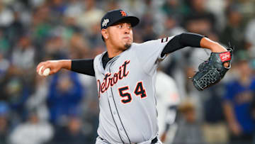Oct 4, 2025; Seattle, Washington, USA; Detroit Tigers pitcher Keider Montero (54) delivers a pitch in the eleventh inning against the Seattle Mariners during game one of the ALDS round for the 2025 MLB playoffs at T-Mobile Park. Mandatory Credit: Steven Bisig-Imagn Images