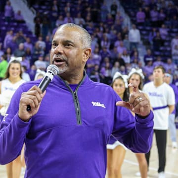 Mar 9, 2024; Manhattan, Kansas, USA; Kansas State Wildcats head coach Jerome Tang talks to the crowd after a win against the Iowa State Cyclones at Bramlage Coliseum. Mandatory Credit: Scott Sewell-Imagn Images