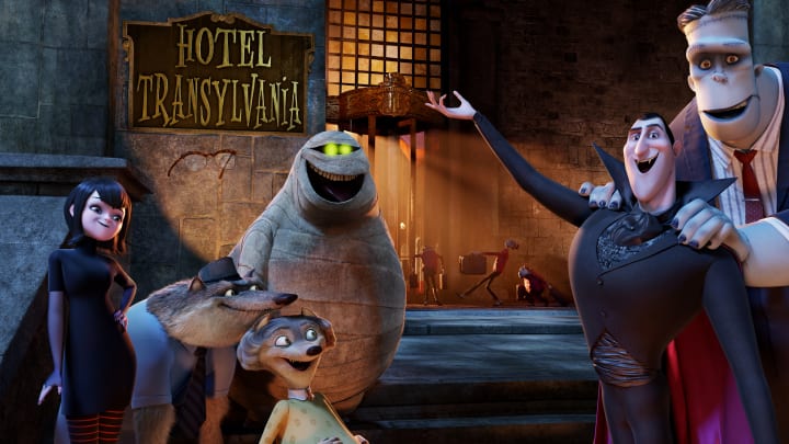HOTEL TRANSYLVANIA - Dracula, who operates a high-end resort away from the human world, goes into overprotective mode when a boy discovers the resort and falls for the count's teenaged daughter. (Columbia Pictures Corporation)
MAVIS, WAYNE, WANDA, MURRAY, DRACULA, FRANK