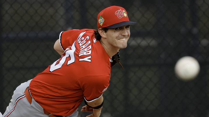 Feb 19, 2026; West Palm Beach, FL, USA;  Washington Nationals pitcher Griff McGarry throws a pitch during spring training workouts at CACTI Park of the Palm Beaches. Mandatory Credit: Reinhold Matay-Imagn Images