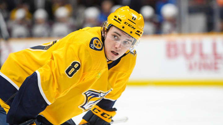 Nov 20, 2023; Nashville, Tennessee, USA;  Nashville Predators center Cody Glass (8) awaits the face off against the Colorado Avalanche during the third period at Bridgestone Arena. Mandatory Credit: Steve Roberts-USA TODAY Sports