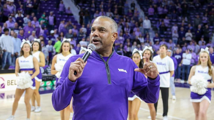 Mar 9, 2024; Manhattan, Kansas, USA; Kansas State Wildcats head coach Jerome Tang talks to the crowd after a win against the Iowa State Cyclones at Bramlage Coliseum. Mandatory Credit: Scott Sewell-USA TODAY Sports