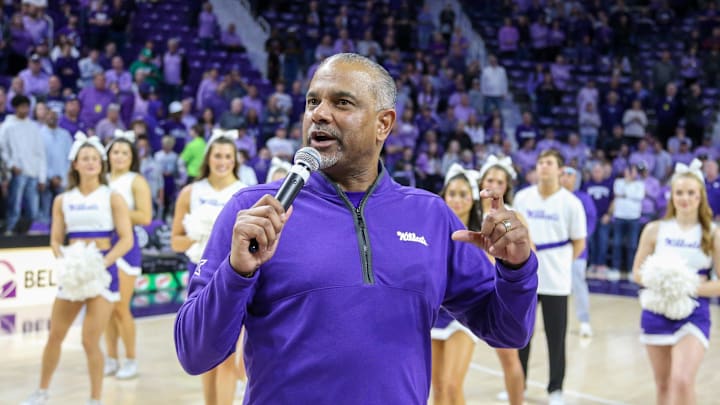 Mar 9, 2024; Manhattan, Kansas, USA; Kansas State Wildcats head coach Jerome Tang talks to the crowd after a win against the Iowa State Cyclones at Bramlage Coliseum. Mandatory Credit: Scott Sewell-Imagn Images