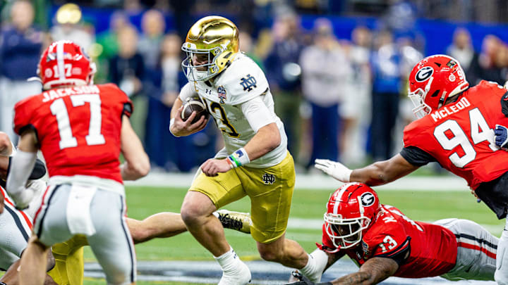 Notre Dame quarterback Riley Leonard has been an elusive runner as the Irish push towards a national championship berth.