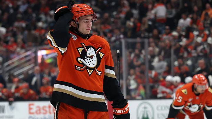 Oct 13, 2026; Anaheim, California, USA;  Anaheim Ducks center Roger McQueen (95) on the ice during the first period against the Calgary Flames at Honda Center. Mandatory Credit: Kiyoshi Mio-Imagn Images