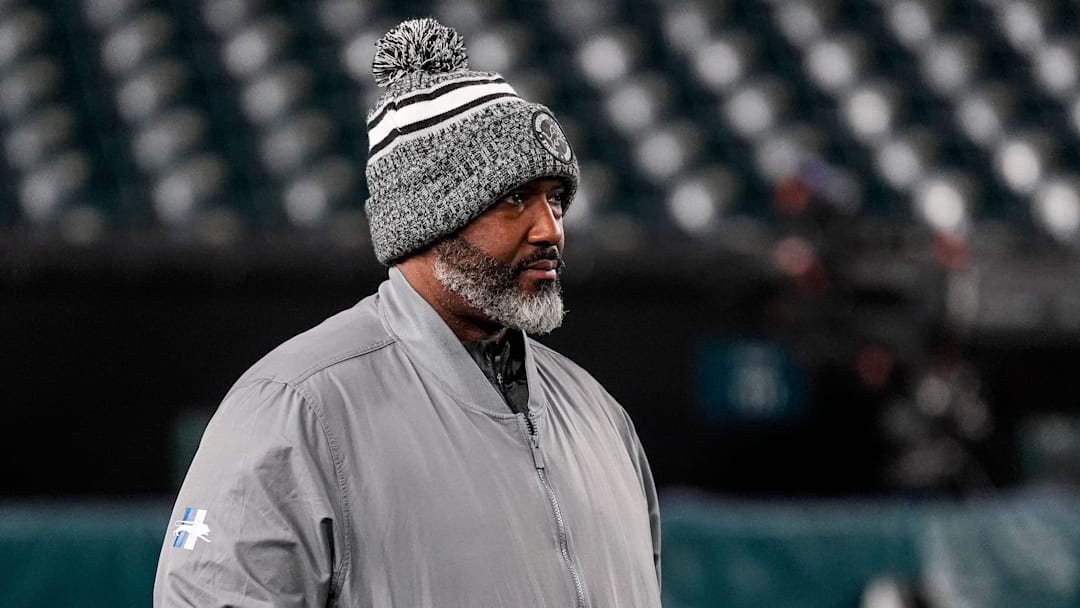 Detroit Lions general manager Brad Holmes watches warmups ahead of the Philadelphia Eagles game at Lincoln Financial Field in Philadelphia on Sunday, November 16, 2025.