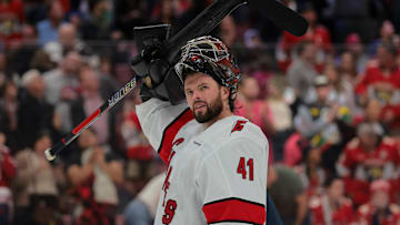 Nov 30, 2024; Sunrise, Florida, USA; Carolina Hurricanes goaltender Spencer Martin (41) looks on against the Florida Panthers during the second period at Amerant Bank Arena. Mandatory Credit: Sam Navarro-Imagn Images