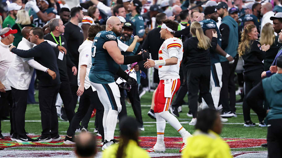 Feb 9, 2025; New Orleans, LA, USA; Philadelphia Eagles offensive tackle Lane Johnson (65) greens Kansas City Chiefs quarterback Patrick Mahomes (15) after Super Bowl LIX at Caesars Superdome. Mandatory Credit: Bill Streicher-Imagn Images | Bill Streicher-Imagn Images