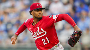 May 28, 2025; Kansas City, Missouri, USA; Cincinnati Reds starting pitcher Hunter Greene (21) pitches during the first inning against the Kansas City Royals at Kauffman Stadium. Mandatory Credit: Jay Biggerstaff-Imagn Images