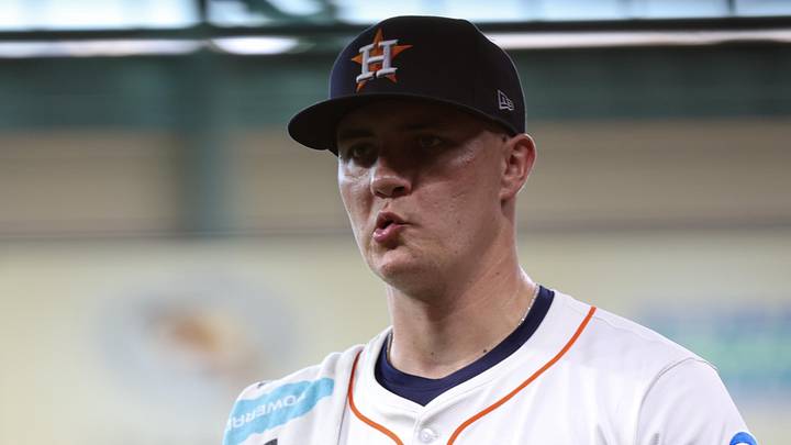 Houston Astros starting pitcher Hunter Brown (58) walks 