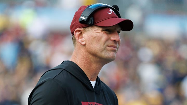 Dec 31, 2024; Tampa, FL, USA; Alabama Crimson Tide head coach Kalen DeBoer looks on against the Michigan Wolverines during the first half at Raymond James Stadium. Mandatory Credit: Matt Pendleton-Imagn Images Dec 31, 2024; Tampa, FL, USA; Alabama Crimson Tide head coach Kalen DeBoer looks on against the Michigan Wolverines during the first half at Raymond James Stadium. Mandatory Credit: Matt Pendleton-Imagn Images