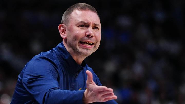Apr 20, 2026; Denver, Colorado, USA; Denver Nuggets head coach David Adelman reacts in the second half against the Minnesota Timberwolves during game two of the first round of the 2026 NBA Playoffs at Ball Arena. Mandatory Credit: Ron Chenoy-Imagn Images