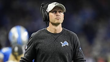 Nov 17, 2024; Detroit, MI, USA; Detroit Lions offensive coordinator Ben Johnson watches a replay against Jacksonville Jaguars during the second half at Ford Field in Detroit on Sunday, Nov. 17, 2024. Mandatory Credit: Junfu Han/USA TODAY Network via Imagn Images 