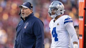 October 8, 2023; Santa Clara, California, USA; Dallas Cowboys head coach Mike McCarthy (left) and quarterback Dak Prescott (4) watch against the San Francisco 49ers during the first quarter at Levi's Stadium. Mandatory Credit: Kyle Terada-USA TODAY Sports