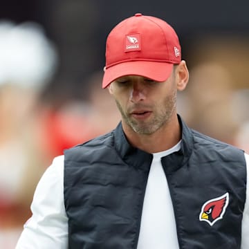 Oct 19, 2025; Glendale, Arizona, USA; Arizona Cardinals head coach Jonathan Gannon reacts against the Green Bay Packers at State Farm Stadium. Mandatory Credit: Mark J. Rebilas-Imagn Images