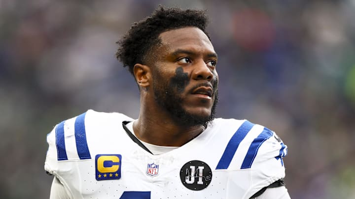 Dec 14, 2025; Seattle, Washington, USA; Indianapolis Colts linebacker Zaire Franklin (44) stands on the sideline during the third quarter against the Seattle Seahawks at Lumen Field. Mandatory Credit: Kevin Ng-Imagn Images