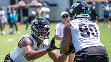 Jacksonville Jaguars defensive end Travon Walker (44) runs drills with Jacksonville Jaguars defensive lineman Emmanuel Ogbah (90) during the fourth organized team activity at the Miller Electric Center in Jacksonville, Fla. Tuesday, May 27, 2025. [Doug Engle/Florida Times-Union]