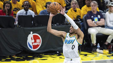 Apr 19, 2025; Indianapolis, Indiana, USA; Indiana Pacers guard Tyrese Haliburton (0) shoots the ball in the second half against the Milwaukee Bucks at Gainbridge Fieldhouse. Mandatory Credit: Trevor Ruszkowski-Imagn Images