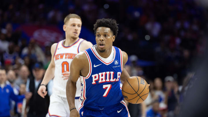 May 2, 2024; Philadelphia, Pennsylvania, USA; Philadelphia 76ers guard Kyle Lowry (7) controls the ball against the New York Knicks during the second half of game six of the first round for the 2024 NBA playoffs at Wells Fargo Center. Mandatory Credit: Bill Streicher-USA TODAY Sports