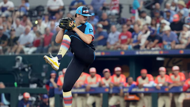 Jul 16, 2024; Arlington, Texas, USA; National League pitcher Paul Skenes of the Pittsburgh Pirates (30) pitches against the American League in the first inning during the 2024 MLB All-Star game at Globe Life Field. Mandatory Credit: Kevin Jairaj-USA TODAY Sports