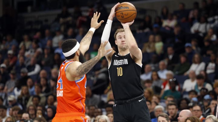 Memphis Grizzlies guard Luke Kennard (10) shoots for three during the second half against the Oklahoma City Thunder at FedExForum.