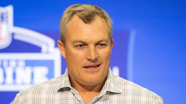 Feb 27, 2024; Indianapolis, IN, USA; San Francisco 49ers  general manager John Lynch talks to the