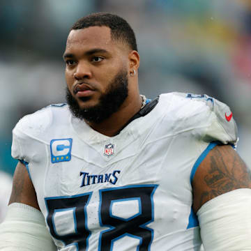 Dec 29, 2024; Jacksonville, Florida, USA; Tennessee Titans defensive tackle Jeffery Simmons (98) heads to the locker room for half time against the Jacksonville Jaguars at EverBank Stadium. Mandatory Credit: Morgan Tencza-Imagn Images