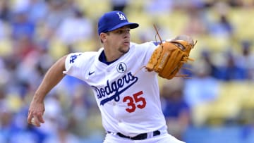 Jun 2, 2024; Los Angeles, California, USA;  Los Angeles Dodgers pitcher Gavin Stone (35) delivers to the plate in the first inning against the Colorado Rockies at Dodger Stadium. Mandatory Credit: Jayne Kamin-Oncea-USA TODAY Sports