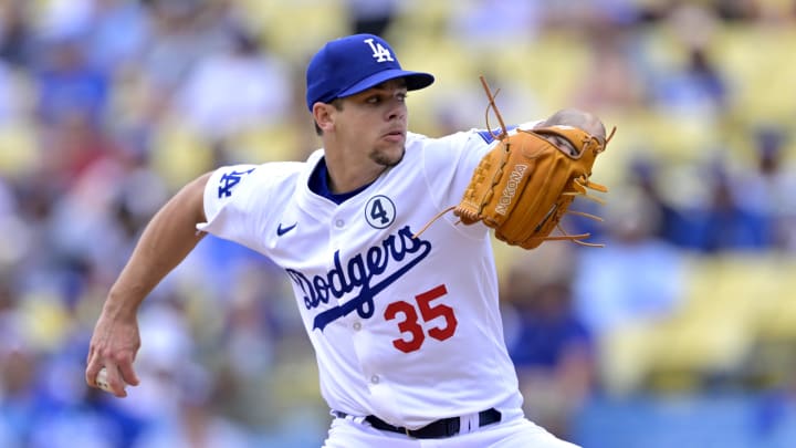 Jun 2, 2024; Los Angeles, California, USA;  Los Angeles Dodgers pitcher Gavin Stone (35) delivers to the plate in the first inning against the Colorado Rockies at Dodger Stadium. Mandatory Credit: Jayne Kamin-Oncea-USA TODAY Sports