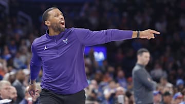 Mar 21, 2025; Oklahoma City, Oklahoma, USA; Charlotte Hornets head coach Charles Lee gestures to his team during a play against the Oklahoma City Thunder during the second half at Paycom Center. Mandatory Credit: Alonzo Adams-Imagn Images