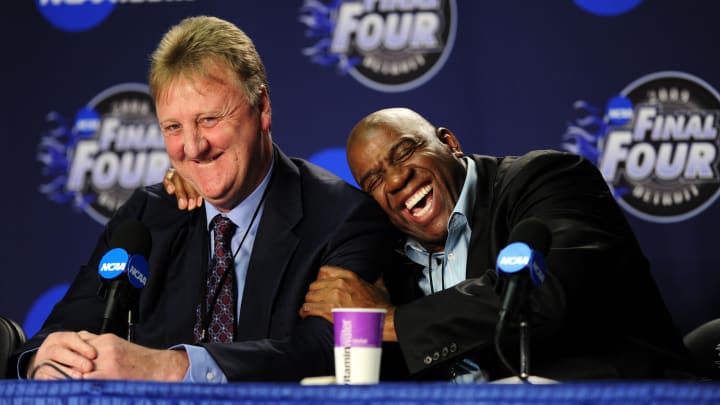 Apr 6, 2009; Detroit, MI, USA; Michigan State Spartans and NBA former player Magic Johnson (right) hugs NBA former player Larry Bird (left) during a press conference 